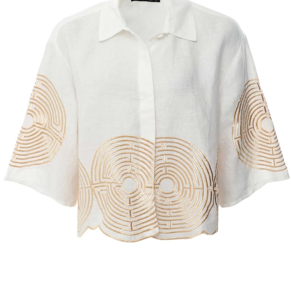 Greek Archaic Kori Gold Circle Cropped White Linen Shirt Bridal Vacay Summer